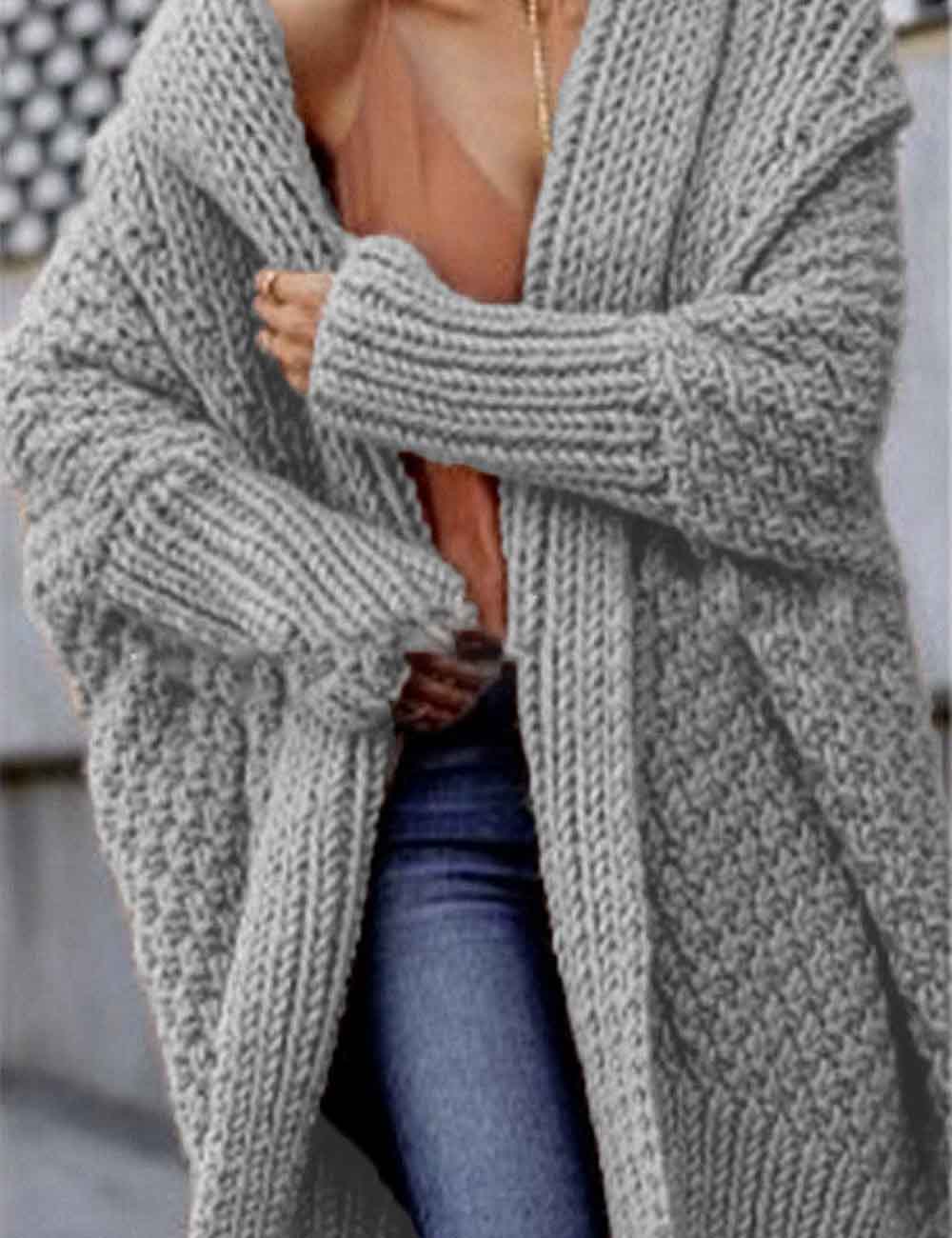 Ladies Solid Color Thick Front Placket Long Sleeves Chunky Cardigan