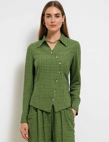 Ladies Irregular Color Block Checked Turndown Collar Button Shirt