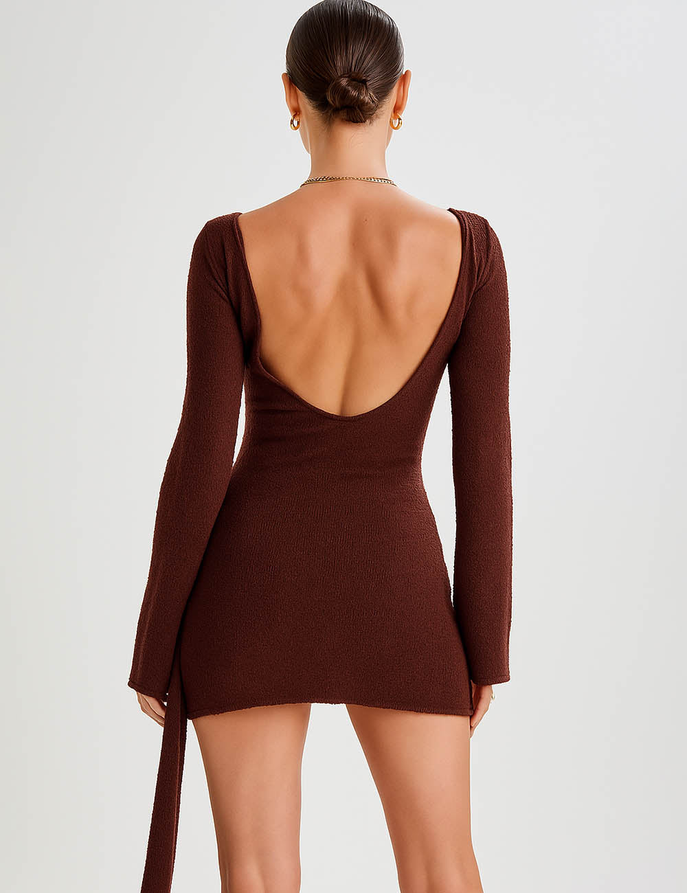 Ladies Round Neck Waist Tie Backless Knit Mini Dress