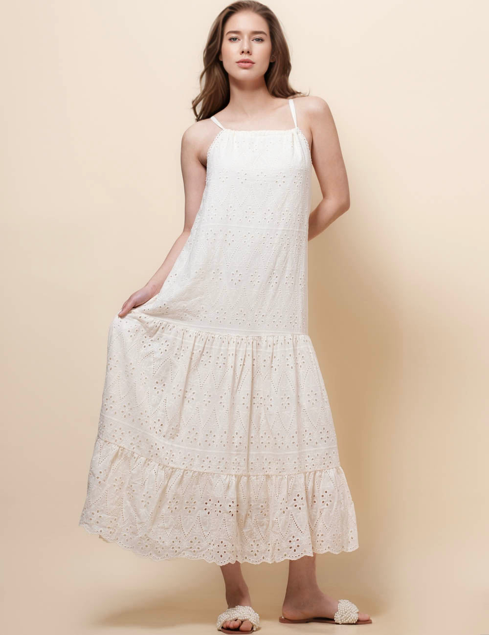 Ladies Halter Eyelet Solid Color Midi Dress SKD50202