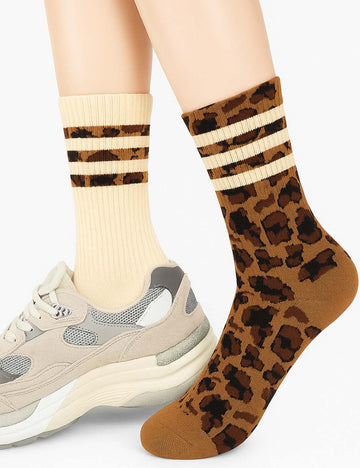 Ladies Vintage Leopard Striped Pattern Crew Knit Socks