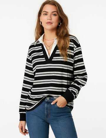 Ladies Striped Shirt Collar Long Sleeves Fake 2PCS Sweatshirt