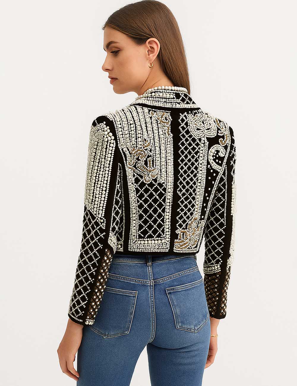 Ladies Embroidery Rhinestone Pearl Beading Cropped Blazer