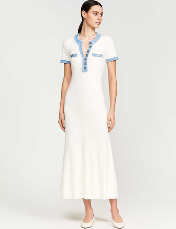 Ladies Color Block V-Neck Short Sleeves Knit Midi Dress