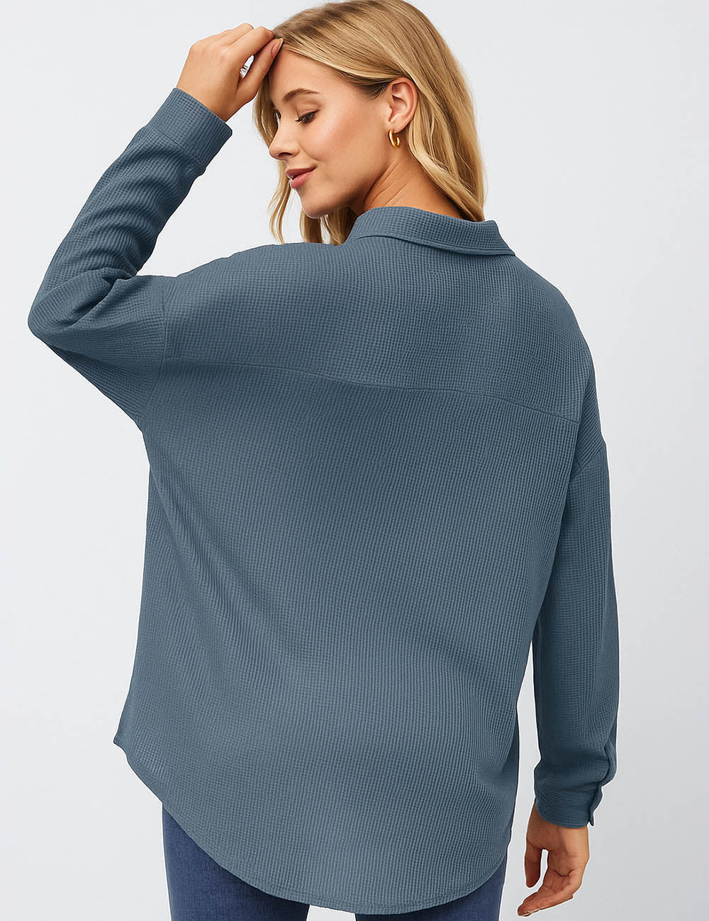 Ladies Waffle Turn Down Collar Long Sleeves Shirt