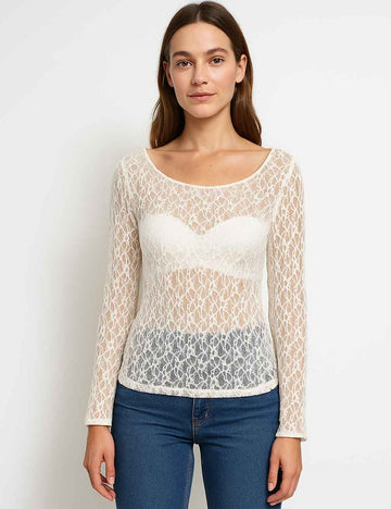 Ladies Pullover See Through Long Sleeves Lace Rhinestone Top