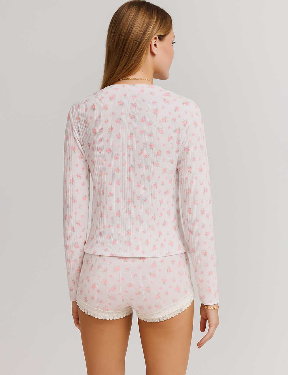 Ladies Floral Cami Top & Button Cardigan & Lace Shorts Set