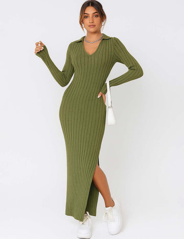Ladies Solid Color V-Neck Side Split Knit Sweater Dress
