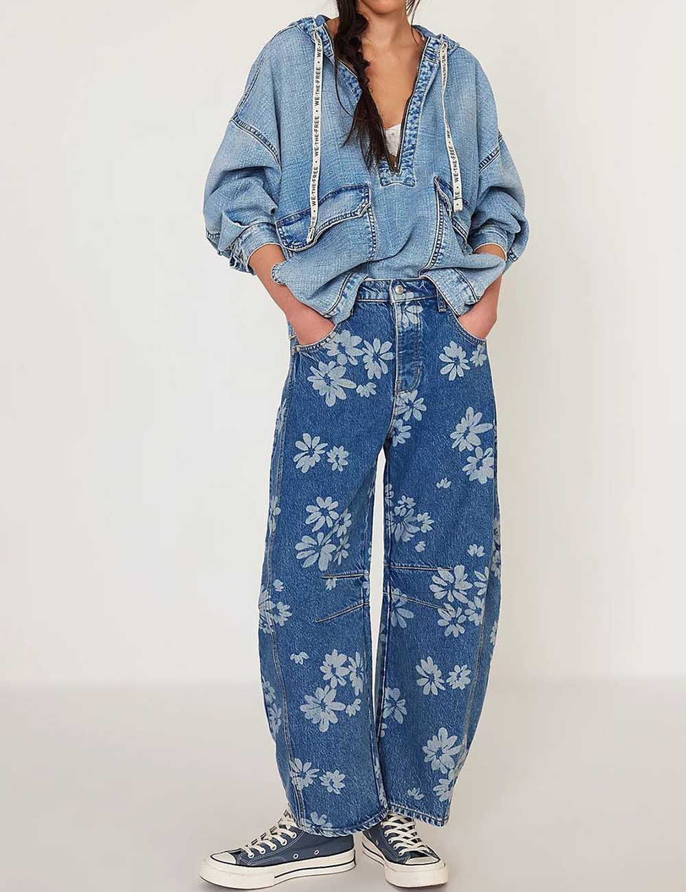Ladies Barrel Print Jeans Daily Denim Pants SKP5KC67