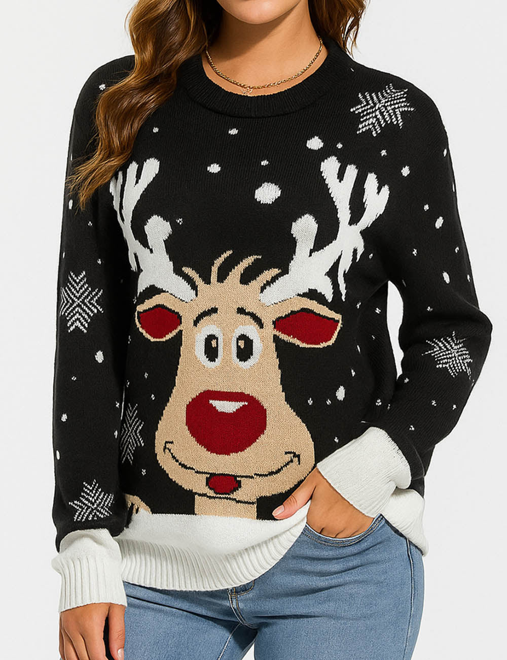 Ladies Reindeer Snowflake Christmas Pattern Knit Sweater