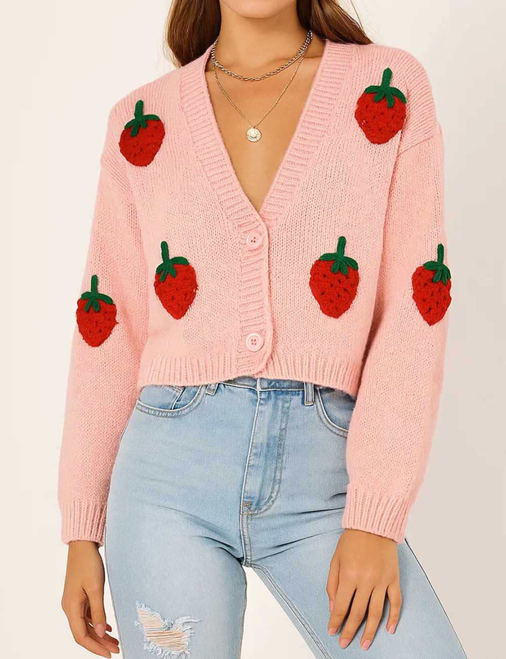 Ladies V-Neck Long Sleeves Strawberry Pattern Button Cardigan