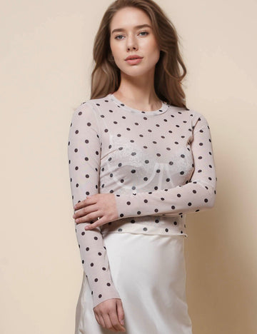 Ladies Round Neck See Sheer Polka Dot Layring Top SKT50700