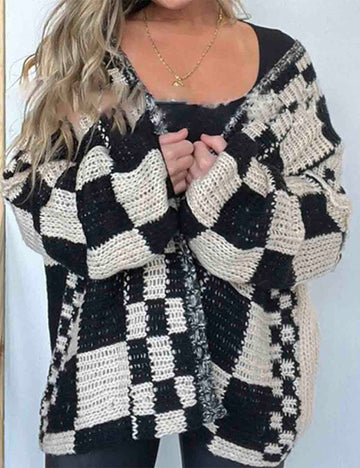 Ladies Color Block Checked Long Sleeves Cardigan Sweater