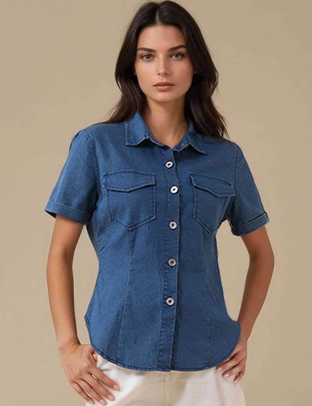 Ladies Turndown Collar Button Short Sleeves Denim Shirt