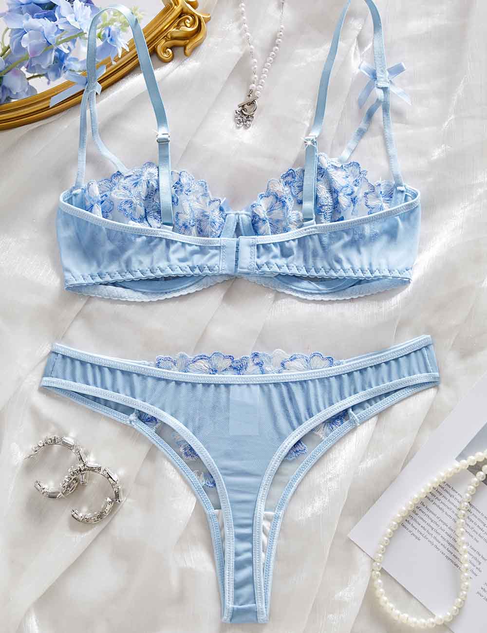 Ladies Sxey Solid Color Sheer Mesh Embroider Lingerie Set