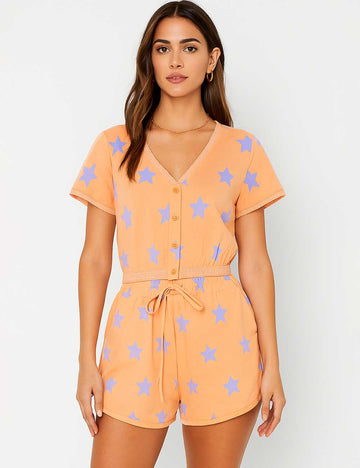 Ladies Star Print V-Neck Lace Button Top & Shorts Set