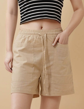Ladies Solid Color Drawstring Pockets Shorts