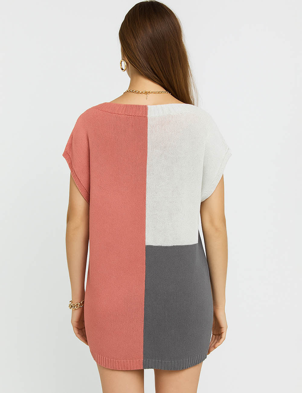 Ladies Multi Color V-Neck Pullover Short  Sleeves Knit Top