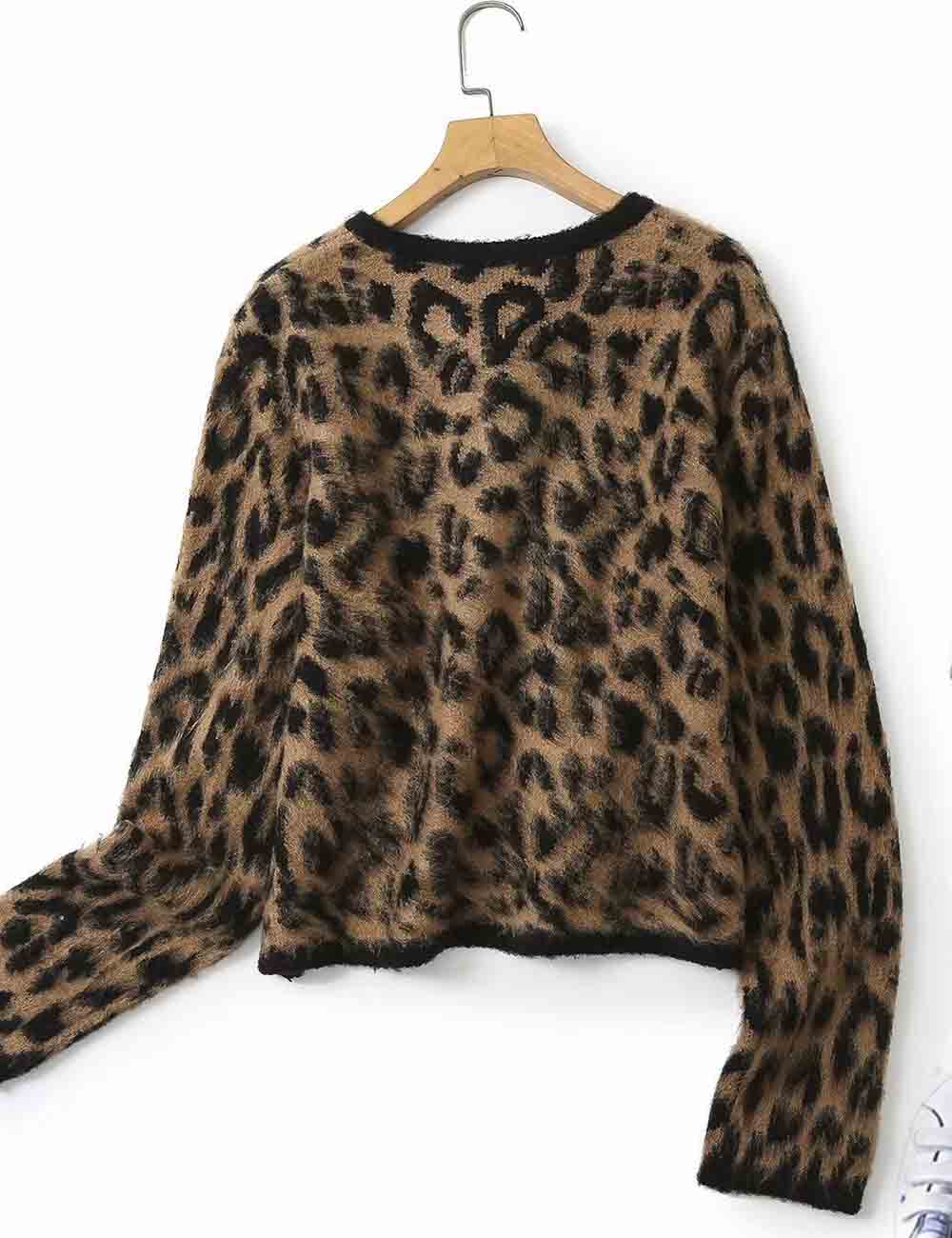 Ladies Leopard Pattern Round Neck Button Knit Cardigan
