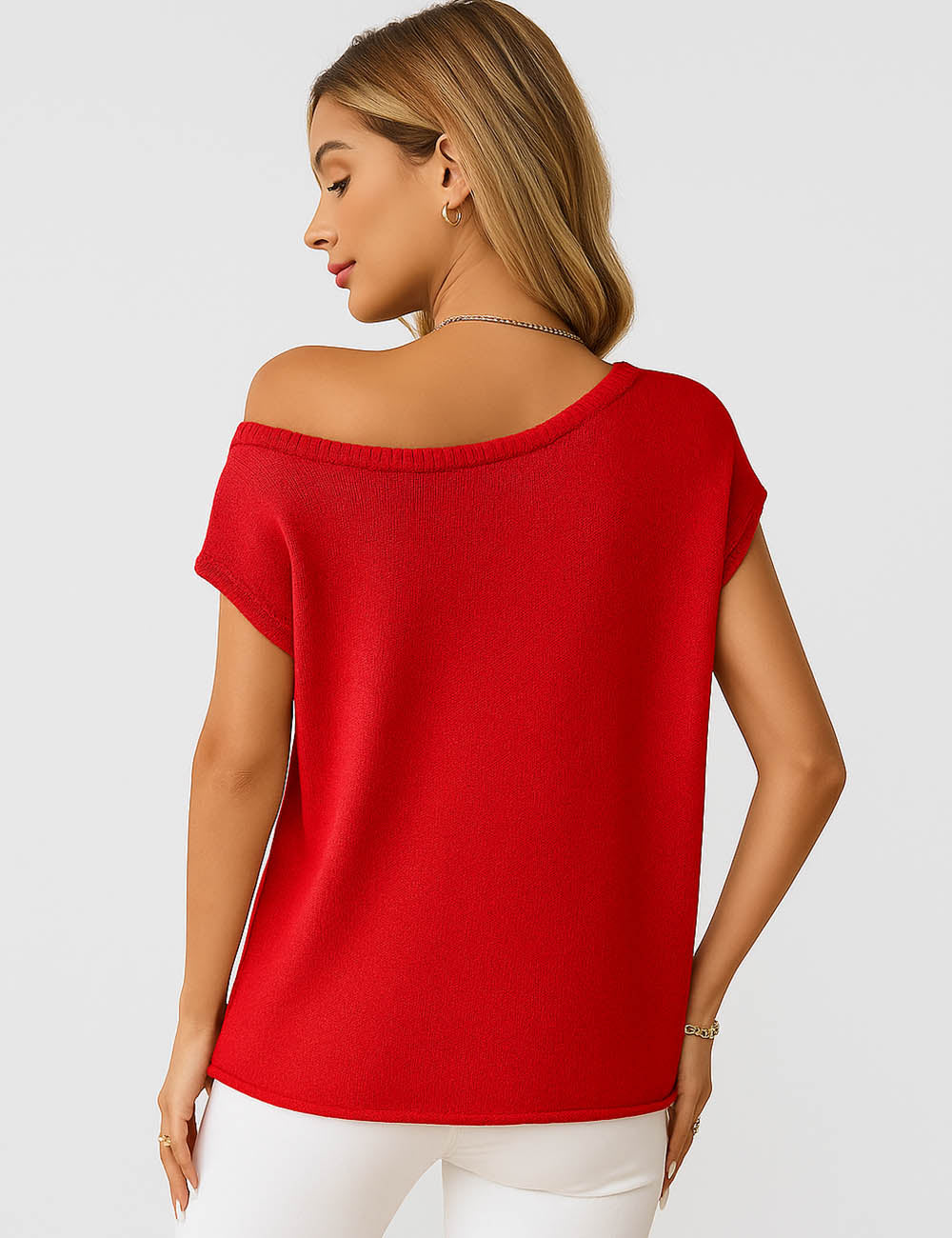 Ladies Solid Color One Shoulder Short Sleeves Knit Top