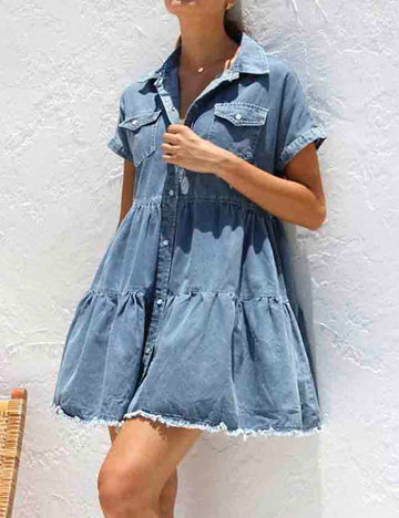 Ladies Everyday Turn-down Collar Denim Mini Dress SKD50025