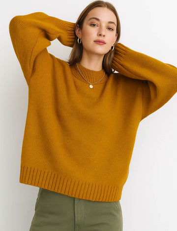 Ladies Round Neck Ribbed Hem Pullover Knit Sweater