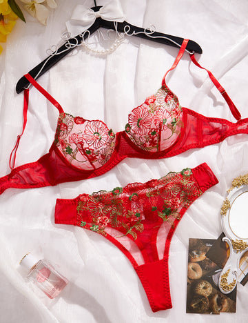 Ladies Floral Embroidery See Through 2PCS Lingerie Set SKLG4032
