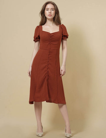 Ladies Square Neck Short Sleeves Buttons Midi Dress SKD51212