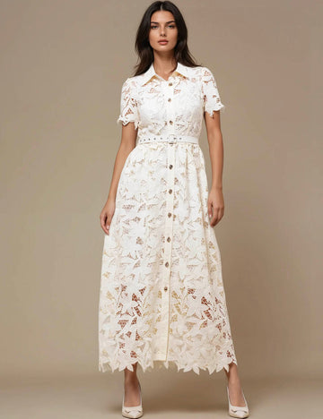 Ladies Elegant Turn Down Collar Short Sleeves Hollow Out Midi Dress