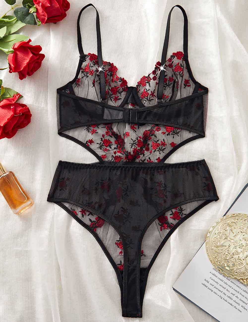 Ladies Sexy Sheer Floral Embroidery Lingerie Teddy
