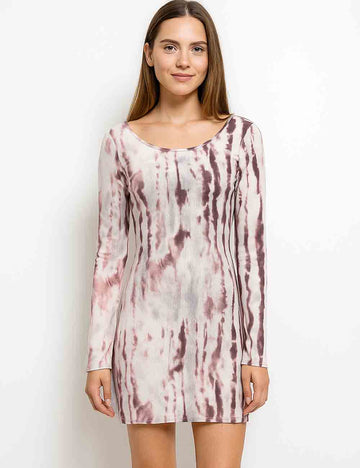 Ladies Abstract Print Round Neck Scoop Back Mesh Mini Dress