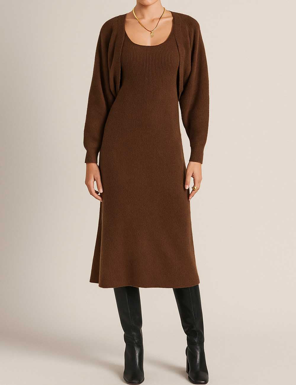 Ladies U-Neck Tank Midi Dress Cropped Cardigan Knit Set