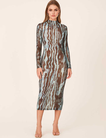 Ladies Striped Print Turtleneck Long Sleeve Maxi Dress