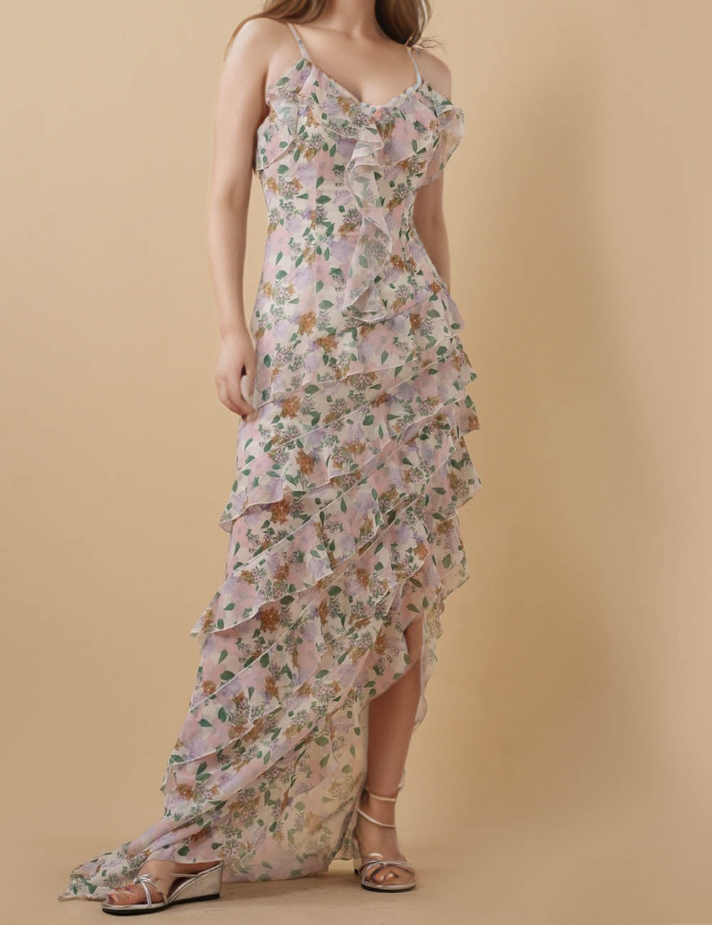 Ladies Floral Print Ruffle String Shoulder Dress 8SKD5M81