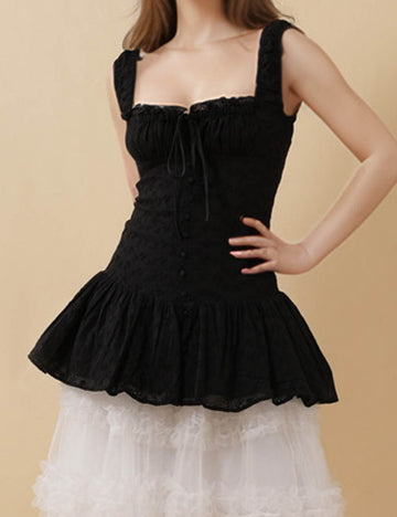 Ladies Solid Color Embroidery Strap Shoulder Mini Dress