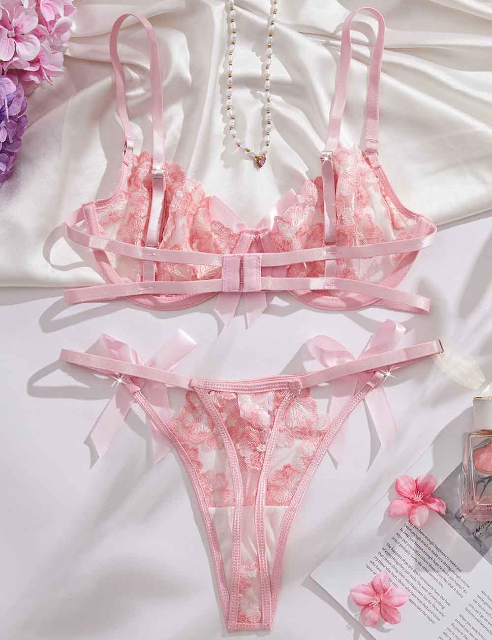 Ladies Floral Embroidery Sheer Side Bowknot Lingerie Set