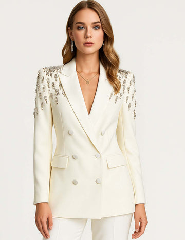 Ladies Luxurious Bead Peak Lapel Double Breast Blazer