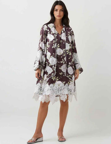Ladies Floral Print Tie Neck Lace Trim Midi Dress