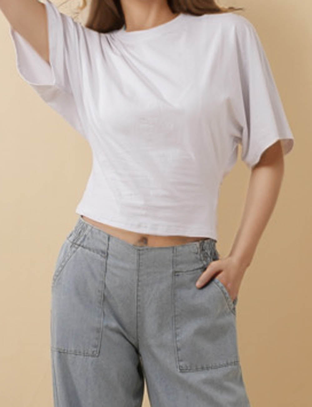 Ladies Solid Color Short Batwing Sleeves T-Shirt