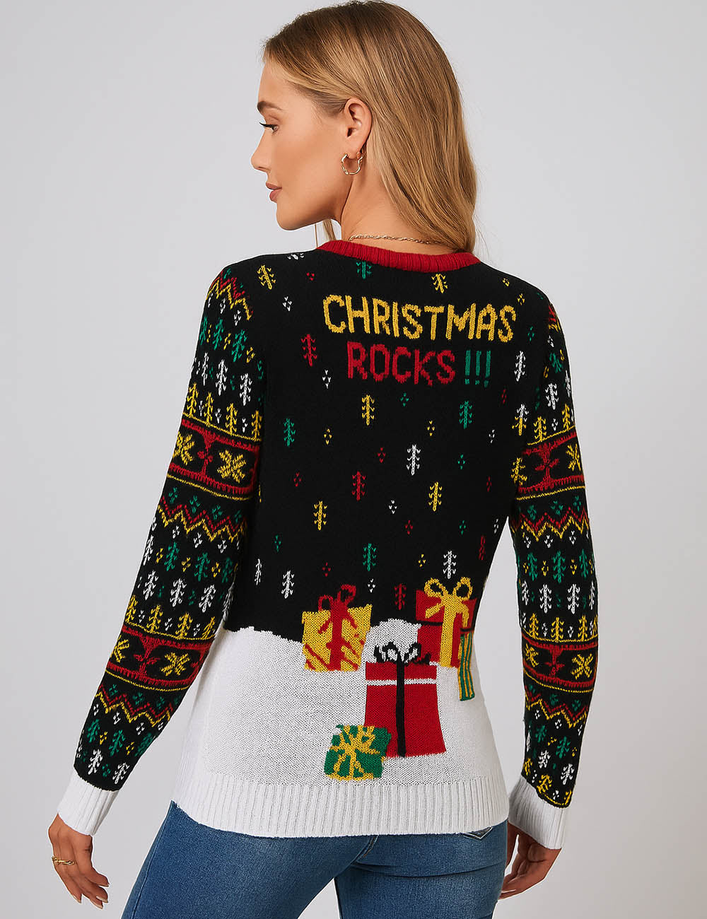 Ladies Christmas Pattern Round Neck Holiday Sweater