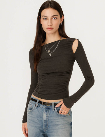 Ladies Solid Color Ruched Layer Cutout Long Sleeves Top