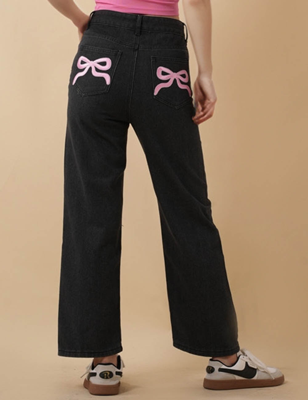 Ladies Bowknot Embroidery Straight Leg Denim Pants
