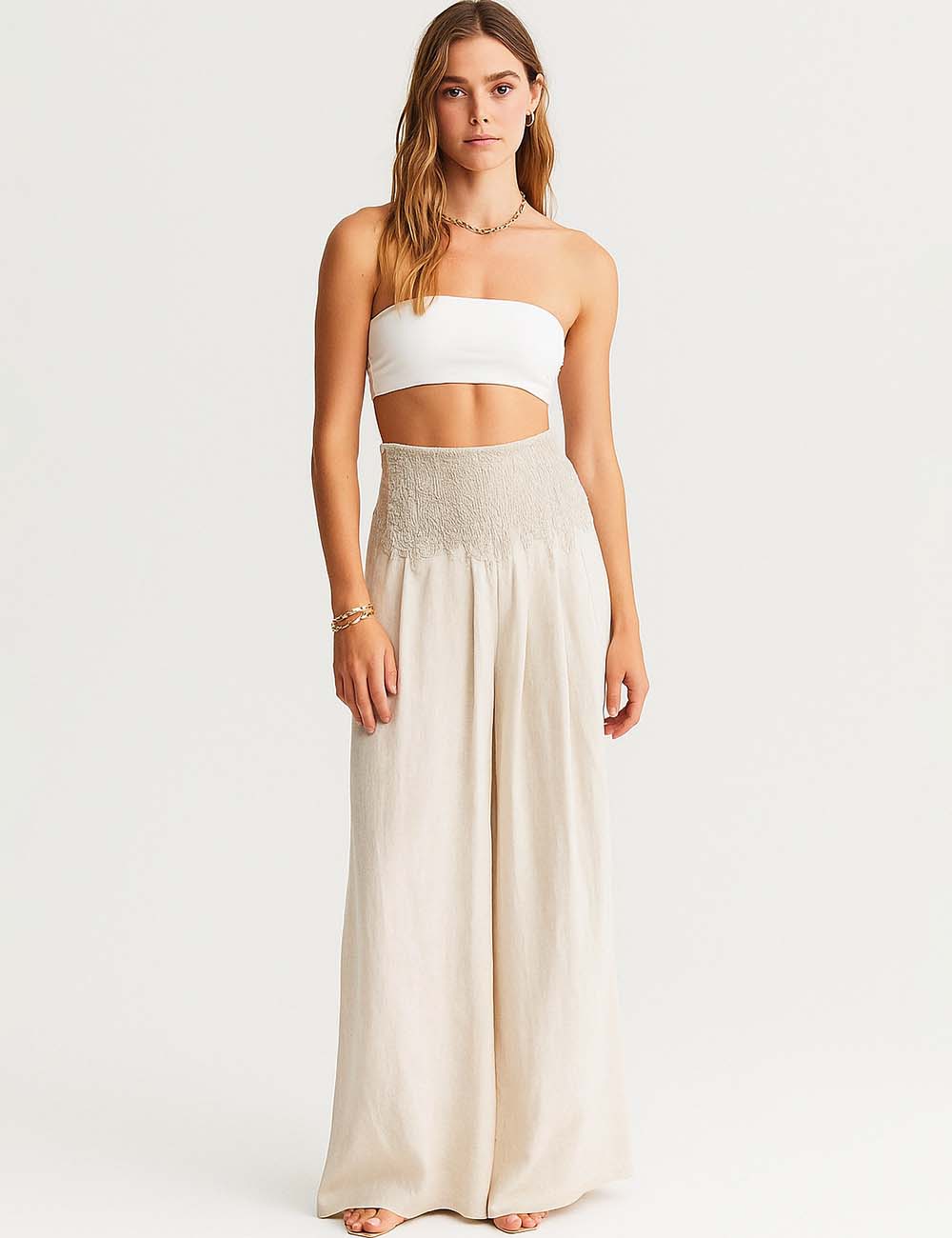 Ladies Solid Color Embroidery Elastic Waist Wide Leg Pants