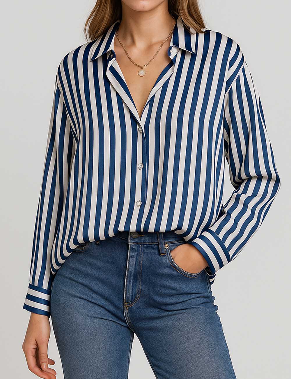Ladies Striped Stain Turn-Down Collar Long Sleeves Shirt