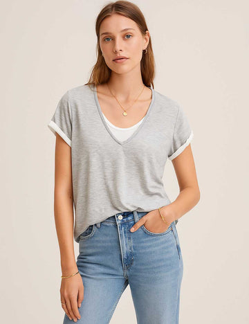 Ladies Pullover Color Block Short Sleeves Faux 2PC Tee