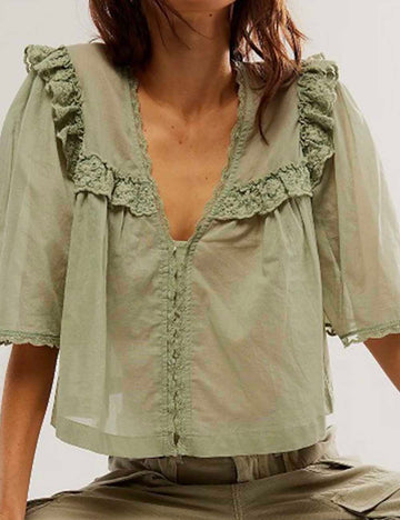 Ladies Doll Collar Short Sleeves Lace Button Blouse