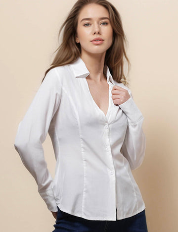Ladies Long Sleeves Button Down White Shirt SKT51064