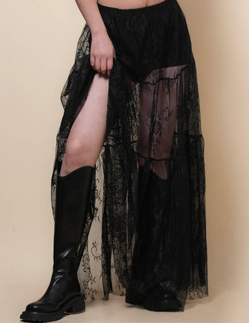 Ladies Lace Elastic Waist See Through Maxi Skirt SKS41321