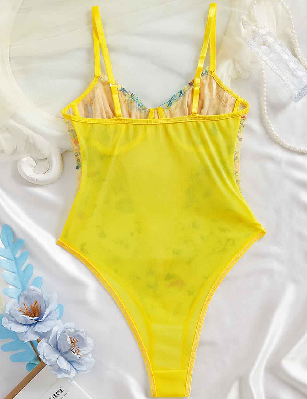 Ladies Sexy Embroidery Sheer Mesh Crossover Lingerie Teddy