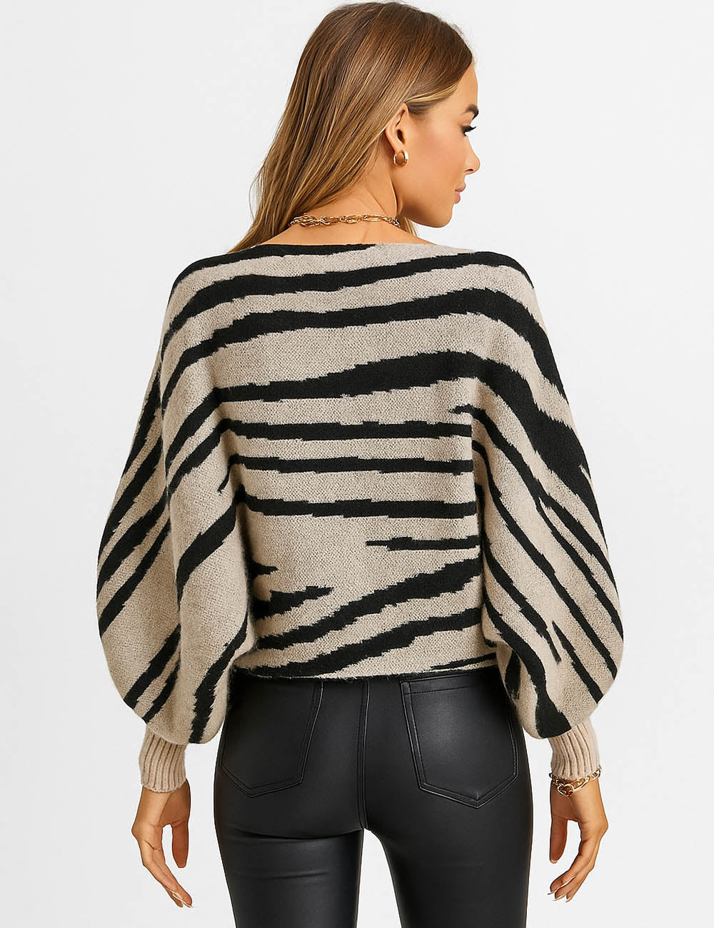 Ladies Striped Knit Round Neck One Shoulder Sweater Top